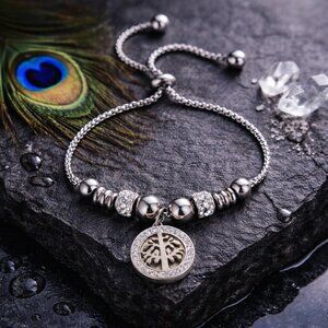 18K White Gold Plated Tree Of Life Cubic Zirconia Talisman Bolo Slider Bracelet